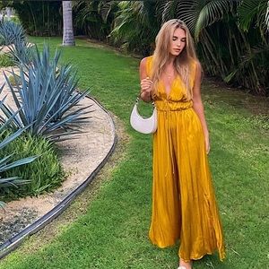 Zara Pleated Satin Wide Leg Jumpsuit